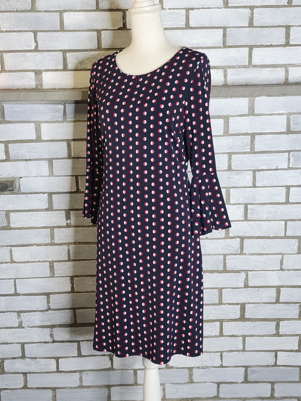 • Tommy Hilfiger Polka Dot Bell Sleeve Shift Dress Blue Multicolor Sz 8 Mod Work